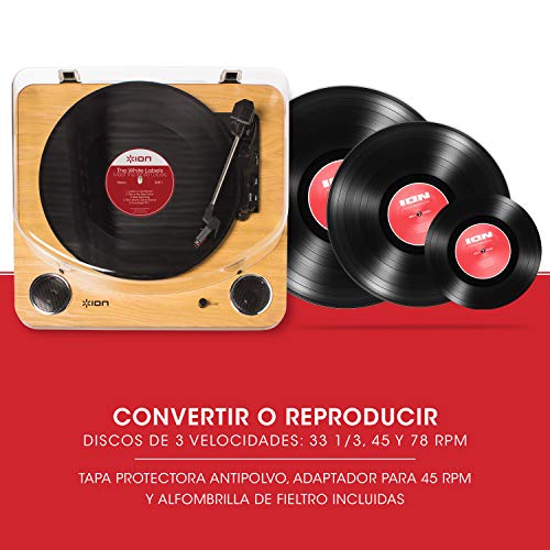 ION Audio Max LP - Tocadiscos de vinilo de 3 Velocidades con Altavoces estéreo, Salidas Auriculares y RCA, Salida USB para Convertir Discos de Vinilo a Archivos Digitales, Acabado en Madera