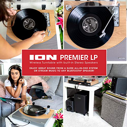 ION Audio Premier LP - Tocadiscos de vinilo Bluetooth, de 3 velocidades, altavoces estéreo, salida USB para convertir vinilos a formato digital, salidas auriculares y RCA, acabado en madera natural