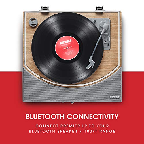 ION Audio Premier LP - Tocadiscos de vinilo Bluetooth, de 3 velocidades, altavoces estéreo, salida USB para convertir vinilos a formato digital, salidas auriculares y RCA, acabado en madera natural