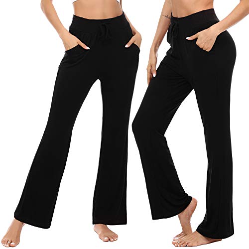 Irevial Pantalones de Yoga para Mujer Modal,100% Algodon,Alta Cintura Elásticos pantalón de Campana con cordón, Casuales Chandal Deportivo con Bolsillos para Pilates Jogger Fitness