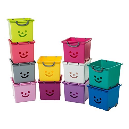 Iris Ohyama, lote de 2 cajas grandes de almacenamiento de juguete sobre ruedas - Smiley Kids Boxes - KCB-32, blanco, 25 L, 32 x 33 x 29 cm