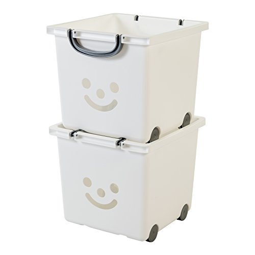 Iris Ohyama, lote de 2 cajas grandes de almacenamiento de juguete sobre ruedas - Smiley Kids Boxes - KCB-32, blanco, 25 L, 32 x 33 x 29 cm