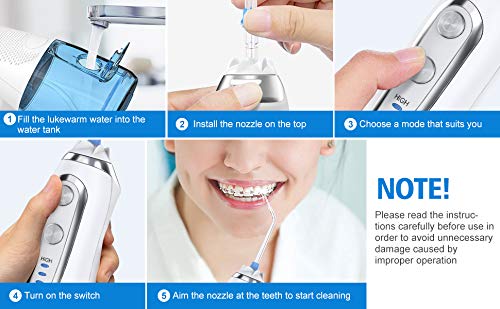 Irrigador Dental Portátil, Nobebird Irrigador Bucal Profesional con 6 Boquillas y 5 Modos de Limpieza, 300ML Gran Capacidad, Lavado Pulsado de Dientes para Viaje y el Uso diario [2019 NEW]