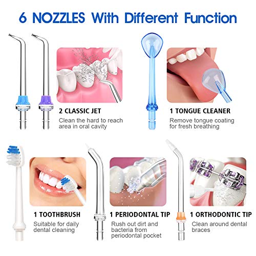 Irrigador Dental Portátil, Nobebird Irrigador Bucal Profesional con 6 Boquillas y 5 Modos de Limpieza, 300ML Gran Capacidad, Lavado Pulsado de Dientes para Viaje y el Uso diario [2019 NEW]