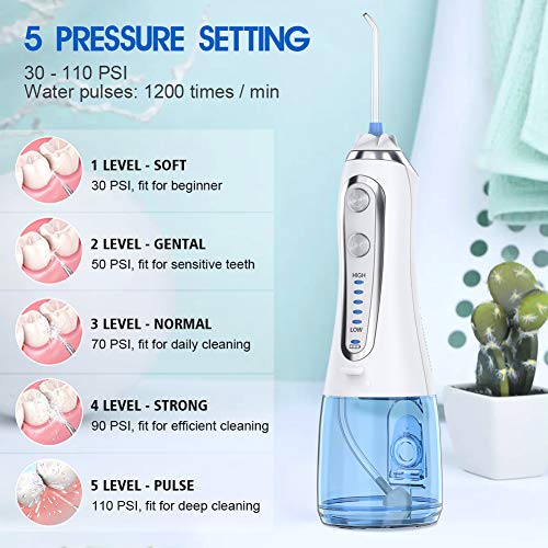 Irrigador Dental Portátil, Nobebird Irrigador Bucal Profesional con 6 Boquillas y 5 Modos de Limpieza, 300ML Gran Capacidad, Lavado Pulsado de Dientes para Viaje y el Uso diario [2019 NEW]