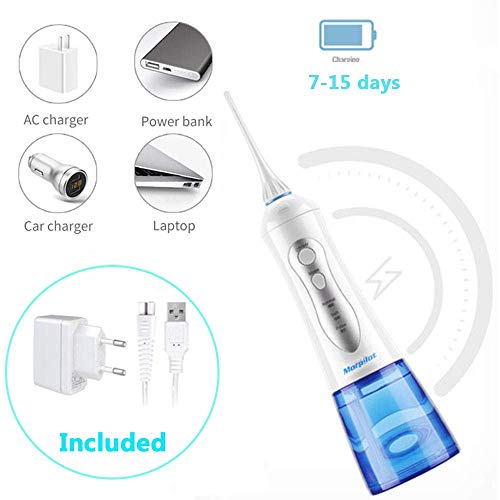 Irrigador Dental Profesional Portátil 300ml, Irrigador Bucal Recargable Impermeable IPX7 y 3 Modos Irrigador Dental de Viaje 4 Recambios Accesorios de Irrigadores Dentales Morpilot Water Flosser Irrigador Dental Profesional Portátil 300ml, Irrigador Bucal Recargable Impermeable IPX7 y 3 Modos Irrigador Dental de Viaje 4 Recambios Accesorios de Irrigadores Dentales Morpilot Water Flosser