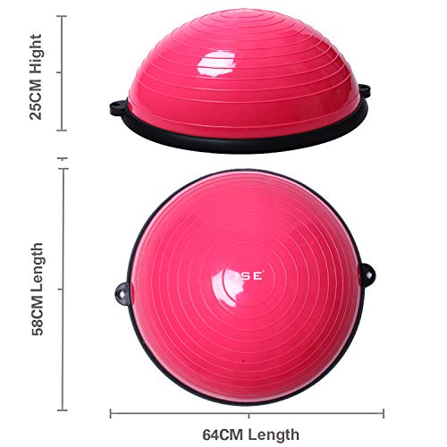 ISE Balance Trainer Fitball Bola de Equilibrio para Entrenamiento, Media Bola Ø 58cm,con Cables y Bomba de Resistencia para Pilates y Yoga, Rosado, BAS1001