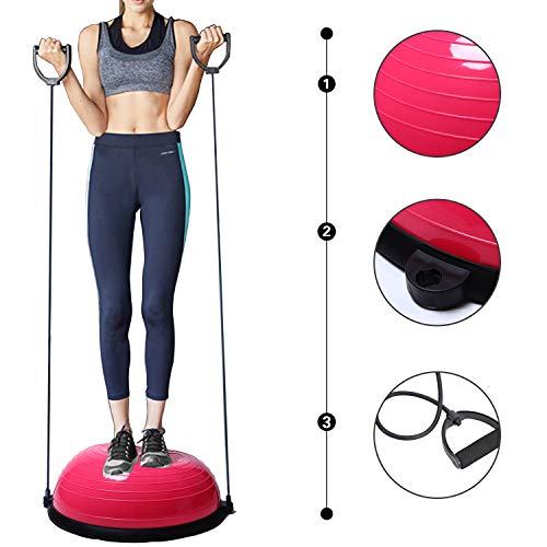 ISE Balance Trainer Fitball Bola de Equilibrio para Entrenamiento, Media Bola Ø 58cm,con Cables y Bomba de Resistencia para Pilates y Yoga, Rosado, BAS1001