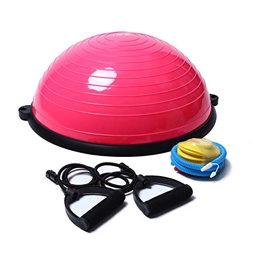 ISE Balance Trainer Fitball Bola de Equilibrio para Entrenamiento, Media Bola Ø 58cm,con Cables y Bomba de Resistencia para Pilates y Yoga, Rosado, BAS1001