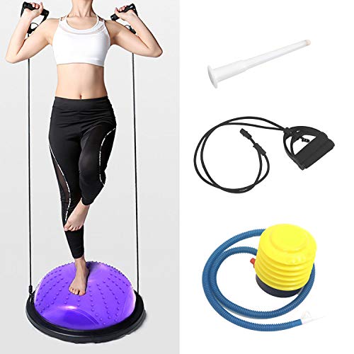 ISE Balance Trainer Fitball Media Bola de Equilibrio para Entrenamiento, Ø46cm Gym Pelota Balón Semiesfera de Gimnasia Pilates con Cables y Inflador para Yoga y Fitness, MAX.150 KG, Morado SY-BAS1003