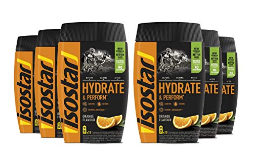 Isostar Hydrate & Perform: polvo de electrolitos que contiene carbohidratos para todas las fases de entrenamiento con sabor a naranja, 6x400 g de naranja
