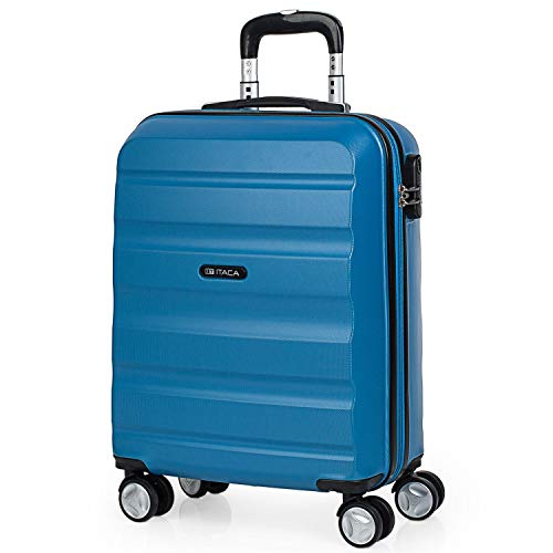 ITACA - Maleta de Viaje 55x40x20 cm Cabina Avion Trolley ABS Lisa. Equipaje de Mano. Pequeña Rígida Práctica y Ligera. 4 Ruedas y Candado. Calidad y Diseño. Viajes Cortos, T71650, Color Azul