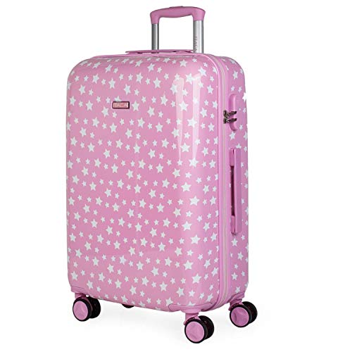 ITACA - Maleta de Viaje Juvenil niña rígida 4 Ruedas Trolley Mediana Grande de la Serie Estrellas. Dura y Ligera. candado de Combinación. 702460, Color Rosa