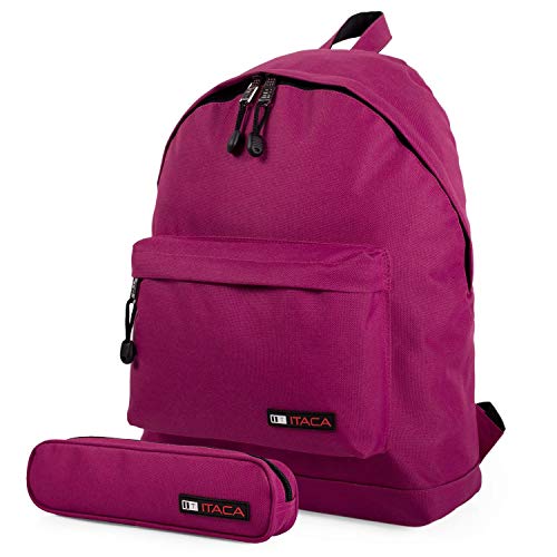 ITACA - Mochila Deporte Juvenil Multifuncional de Instituto + Estuche Portatodo de Poliéster. Cómoda Resistente Ligera y Acolchada par Uso Diario, Universidad. 25332, Color Fucsia