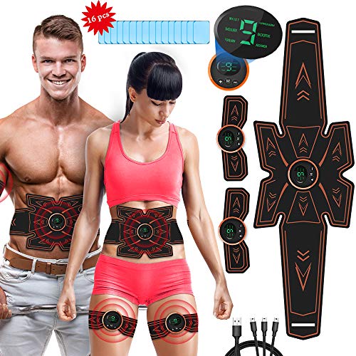 iThrough Electroestimulador Muscular Abdominales, EMS Estimulador Muscular Abdominales Cinturón, ABS Estimulador Muscular USB Recargable para Bdomen/Brazo/Piernas/Glúteos,Almohadillas de Gel 16pcs