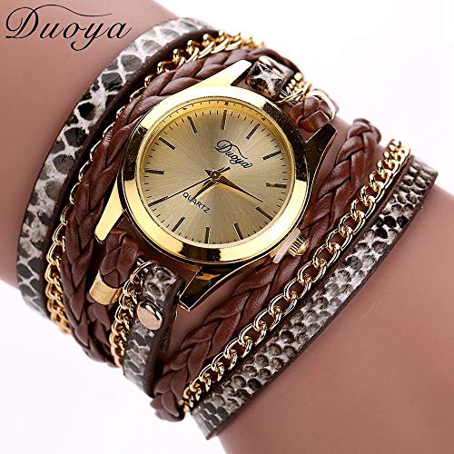 ITVIP Pulsera reloj Boemo pulsera con cuerda de piel de serpiente trenzada reloj de pulsera de cuarzo multicapa para mujer 560 café