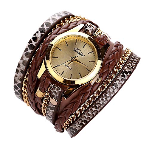 ITVIP Pulsera reloj Boemo pulsera con cuerda de piel de serpiente trenzada reloj de pulsera de cuarzo multicapa para mujer 560 café