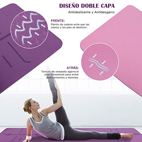 IYAQILEHE Esterilla Yoga TPE, Colchoneta Yoga Antideslizante Alfombrilla de Yoga con Líneas de Orientación No Tóxico Mat Yoga para Deporte Pilates Fitness Acampar Viajar 183 * 61 * 0.6 cm