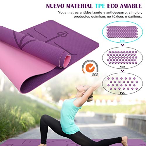 IYAQILEHE Esterilla Yoga TPE, Colchoneta Yoga Antideslizante Alfombrilla de Yoga con Líneas de Orientación No Tóxico Mat Yoga para Deporte Pilates Fitness Acampar Viajar 183 * 61 * 0.6 cm