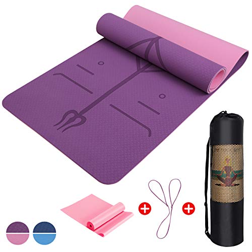 IYAQILEHE Esterilla Yoga TPE, Colchoneta Yoga Antideslizante Alfombrilla de Yoga con Líneas de Orientación No Tóxico Mat Yoga para Deporte Pilates Fitness Acampar Viajar 183 * 61 * 0.6 cm