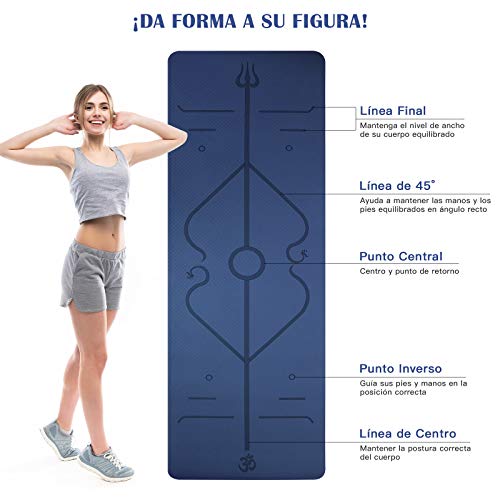 IYAQILEHE Pilates Esterilla, Estera Yoga Colchoneta Alfombra Yoga Antideslizante No Tóxico con Líneas de Orientación Buena Yoga Mat para Deportiva, Ejercicio, Sala De Yoga, Viaje 183 * 61 * 0.6 cm