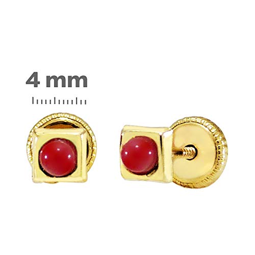 Iyé Biyé - Pendientes Coral Bebé Niña Cuadrados 4 x 4 mm Oro Amarillo 18 ktes cierre rosca