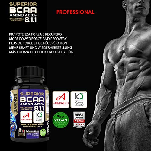 J. ARMOR BCAA 200 cápsulas de 1000 mg de Kyowa Ajinomoto Aminoácidos ramificados Professional 8 1 1 Vegano