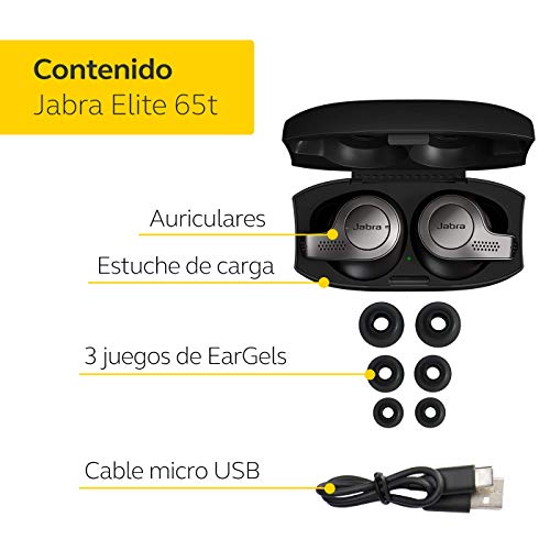 Jabra Elite 65t – Auriculares Bluetooth con Cancelación Pasiva del Ruido, Tecnología de Cuatro Micrófonos para Auténticas Llamadas Inalámbricas y Música, Negro Titanio