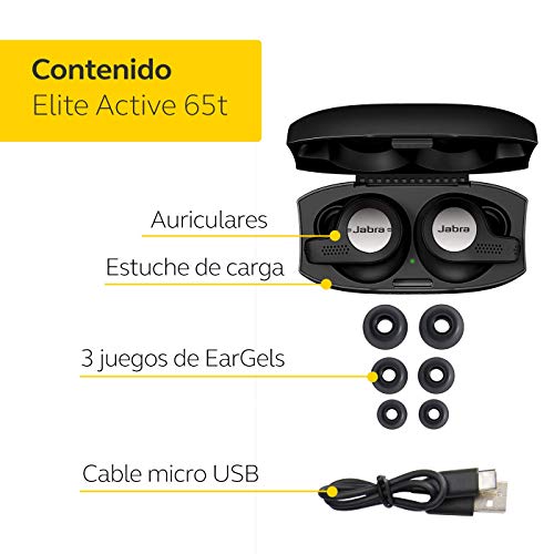 Jabra Elite Active 65t – Auriculares Deportivos Bluetooth 5.0, con Cancelación Pasiva de Ruido y Sensor de Movimiento, Auténticas Llamadas Inalámbricas y Música, Negro Titanio