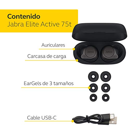 Jabra Elite Active 75t - Auriculares deportivos inalámbricos con Cancelación Activa de Ruido y batería de larga duración para llamadas y música – Negro Titanio
