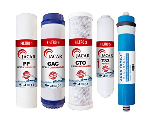 JACAR - Pack Membrana + Filtros de Ósmosis Inversa de 5 etapas Universales | Compatible con todos los sistemas de ósmosis | Recambios de filtros depuradores de agua JACAR - Pack Membrana + Filtros de Ósmosis Inversa de 5 etapas Universales | Compatible con todos los sistemas de ósmosis | Recambios de filtros depuradores de agua