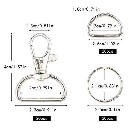 Jalan 60 Piezas Ganchos de presión giratorios de Metal con Anillos en D y llaveros para Manualidades DIY, Mochila, Bolso, proyectos de Costura - 20 mm