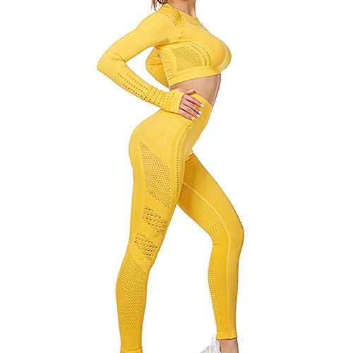 Jamron Mujer Conjunto de Ropa de Yoga Top Corto + Polainas 2 Piezas Chandal Gimnasio Fitness Ropa Deportiva Amarillo SN05405 L