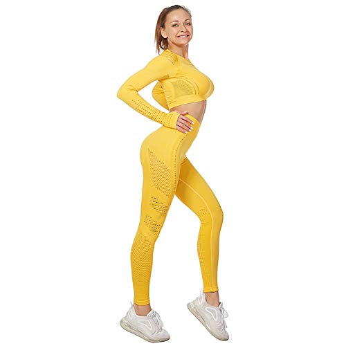 Jamron Mujer Conjunto de Ropa de Yoga Top Corto + Polainas 2 Piezas Chandal Gimnasio Fitness Ropa Deportiva Amarillo SN05405 L