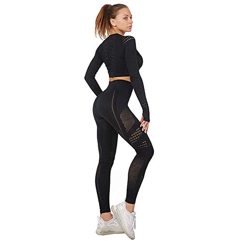 Jamron Mujer Conjunto de Ropa de Yoga Top Corto + Polainas 2 Piezas Chandal Gimnasio Fitness Ropa Deportiva Negro SN05405 M