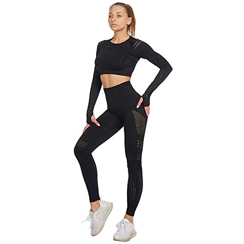 Jamron Mujer Conjunto de Ropa de Yoga Top Corto + Polainas 2 Piezas Chandal Gimnasio Fitness Ropa Deportiva Negro SN05405 S