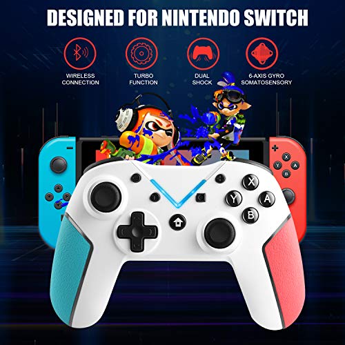 Jamswall Mando para Nintendo Switch, Controlador Inalámbrico Bluetooth Apoya Vibración, Turbo y Giroscopio, Gamepad para Nintendo Switch/Lite/Android/PS3/PC (Blanco)