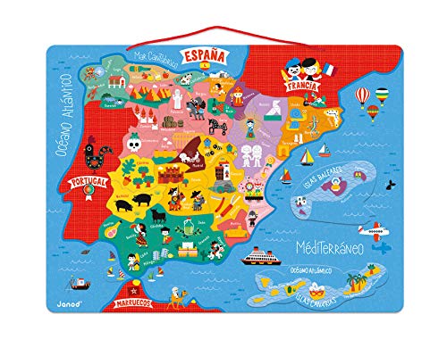 Janod - Puzzle magnético Mapa de España en madera, 50 piezas magnéticas, 40 x 30 cm, Juego educativo a partir de 5 años, J05478