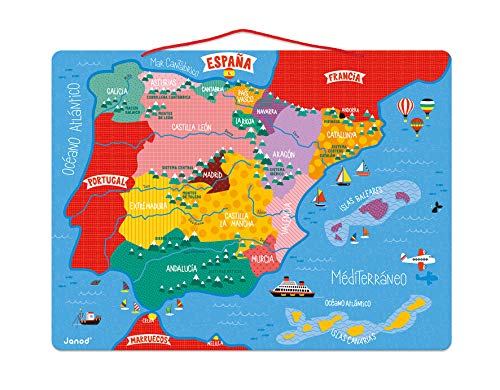 Janod - Puzzle magnético Mapa de España en madera, 50 piezas magnéticas, 40 x 30 cm, Juego educativo a partir de 5 años, J05478