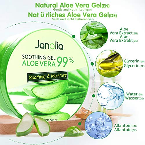 Janolia Gel de Aloe Vera, 300g Crema Hidratante con Ácido Hialurónico y Vitamina C, Gel Calmante e Hidratante, para Pieles Secas y Quemaduras Solares, Aloe Vera Gel Antioxidante