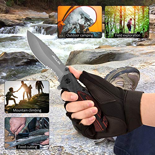 Jellas Cuchillo Plegable Supervivencia, Navaja Táctica con Punta Rompevidrio y Cutter Cinturón, 9Cr18 Acero Inoxidable con Hoja Recubierta de Titanio, Mango de Aluminio+G10, para Acampar, Picnic, Caza