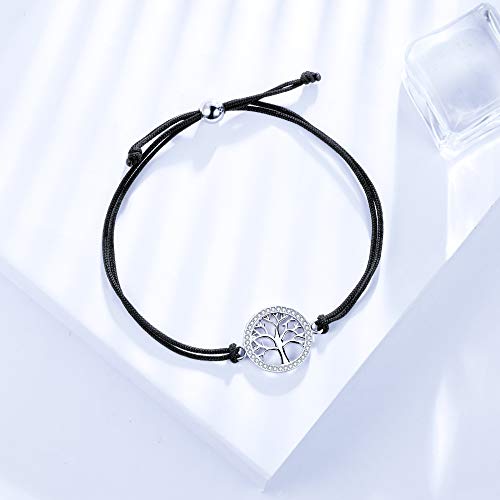 J.Endéar Pulsera Árbol de la Vida para Mujer Plata de Ley 925 Zirconia Cuerda Hecha a Mano 24cm Ajustable