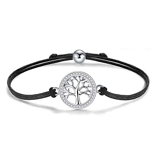 J.Endéar Pulsera Árbol de la Vida para Mujer Plata de Ley 925 Zirconia Cuerda Hecha a Mano 24cm Ajustable