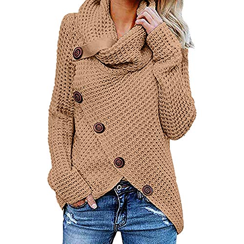 Jerseys De Punto para Mujer Cuello de Tortuga Manga Larga Suelto Prendas de Punto Suéter Irregular Jerséis Collar de la Pila Tops Cálido Otoño Invierno riou (z-Khaki, S)