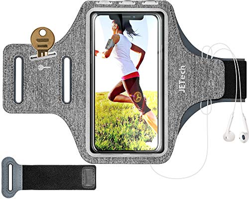 JETech Brazalete Deportivo Compatible iPhone SE(2020)/11/11 Pro/XR/XS/X/8 Plus/7 Plus/8/7, Galaxy S10/S9/S9+,Correa Ajustable, Equipado con Soporte para Llave y Tarjeta, para Correr, Senderismo, Gris