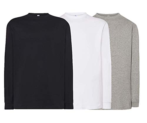 JHK - Pack de Camisetas básicas/Lisas Manga Larga -100% Algodón - Camiseta Casual, Uso Diario - Disponible en Tallas Extra Grandes (Pack Manga Larga Blanca - Negra - Gris, M)