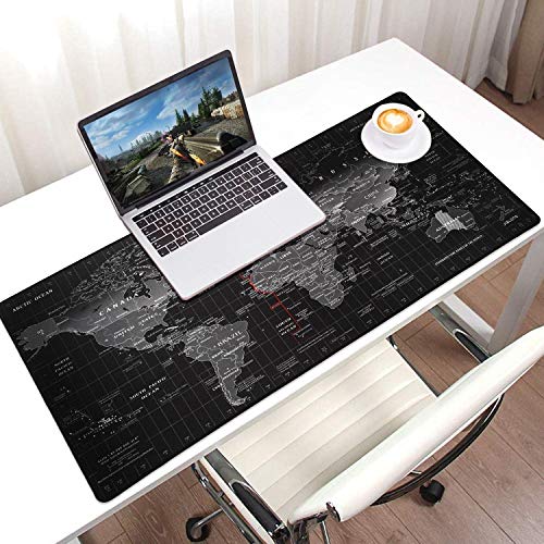 JIALONG Alfombrilla Raton Multifuncional Grande Gaming Mouse Pad XXL 900x400mm, Lavable, Antideslizante Diseñada para Gamers, Trabajo de Oficina - Negro Mapa Mundi