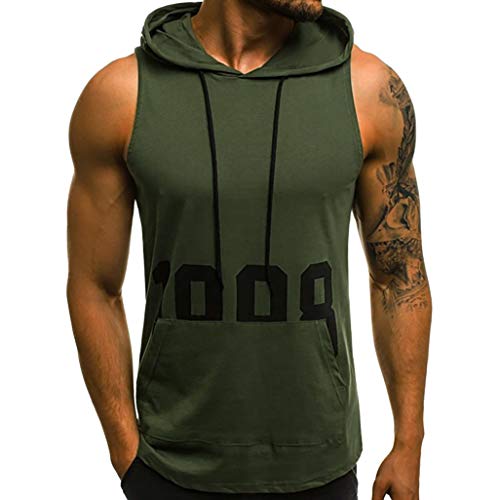 JiaMeng Camisetas Elástica de Fitness sin Mangas Tank Top Gym para Hombre Fitness Muscle Estampado sin Mangas con Capucha Culturismo Bolsillos de Secado Ajustado