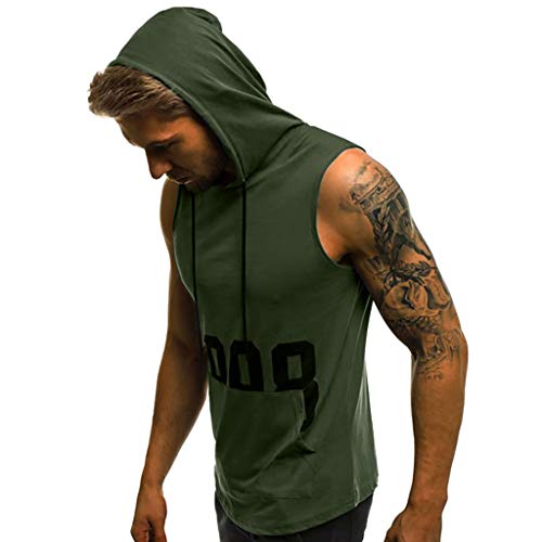 JiaMeng Camisetas Elástica de Fitness sin Mangas Tank Top Gym para Hombre Fitness Muscle Estampado sin Mangas con Capucha Culturismo Bolsillos de Secado Ajustado