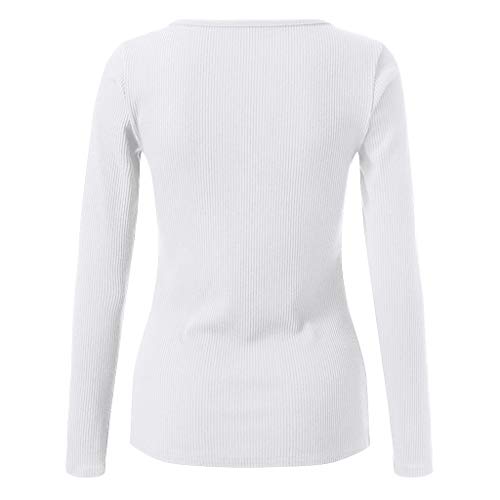 JiaMeng Moda Casual para Mujer Sexy con Cuello Camisas Henley con Cuello en V Manga Larga Botones sólidos Tops básicos Camisetas Camisa Jersey Blusa Tops (Blanco, S)